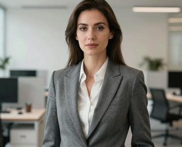 A professional portrait of a woman in modern professional attire against a blurred background of a sleek, tech-focused office space with soft lighting and grey and off-white tones.