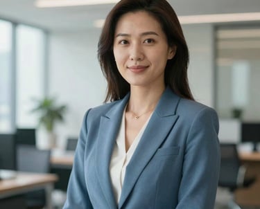 A professional portrait of a woman in a slate blue blazer standing in a bright, modern office with soft-focus architectural details in the background. High-quality photography reflecting leadership and trustworthiness in an international professional context.