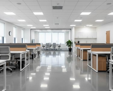 Pristine modern office environment with polished floors and sanitized workstations in Rhode Island,