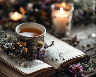 Cozy aesthetic scene with a cup of herbal tea resting on an open vintage book by candlelight.