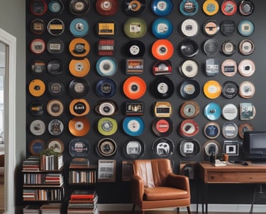 A cozy music studio with mixing equipment, instruments, and a wall decorated with artist posters.
