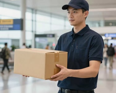 A professional courier in uniform carrying a secure package through an airport terminal.