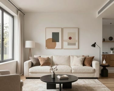 Bright and cozy living room renovation showcasing modern finishes and warm wood accents.