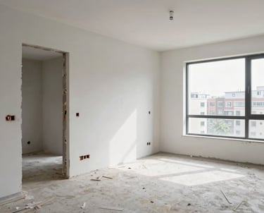 Team of skilled workers collaborating on a home renovation project in a bright, modern space.