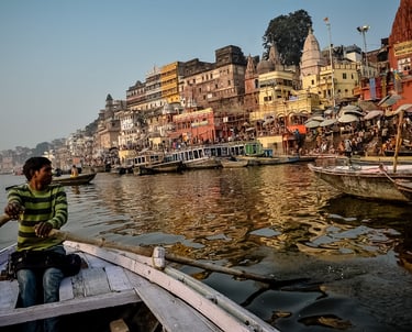 Exploring Varanasi by boat along the Ganges River in India.