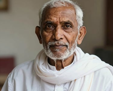 Portrait of an elderly South Asian man with a peaceful expression, wearing traditional white cotton attire, representing the foundational wisdom of the first generations.