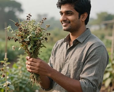 Portrait of a young South Asian professional in an herb garden, holding a bundle of drying herbs, looking toward the horizon with a confident smile.