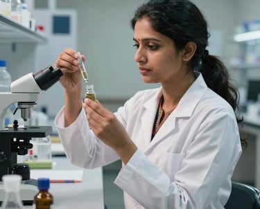 Portrait of a South Asian woman in a modern laboratory setting, wearing a white coat over traditional attire, examining herbal extracts with scientific equipment.