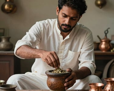 Portrait of a South Asian man in a workshop, surrounded by traditional wooden mortars and copper vessels, focused on hand-grinding fresh medicinal herbs.