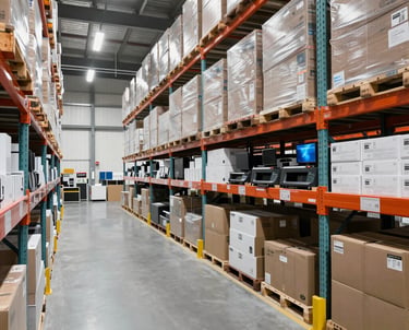 A sleek, modern warehouse with rows of electronics neatly organized under soft lighting.