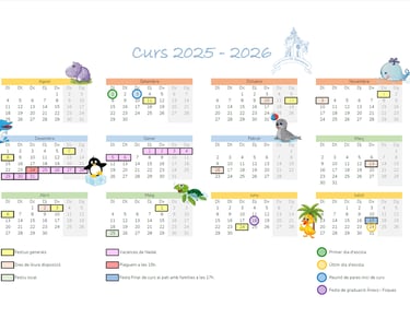 Calendari escolar 2025-2026 amb festes, períodes lectius i activitats del curs.