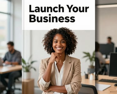 A book cover for 'Launch Your Business' featuring a creative North American / US African American entrepreneur in a modern office setting, bright and inspiring colors.