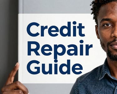 A high-quality book cover for 'Credit Repair Guide' featuring a professional North American / US African American individual, with clean typography and blue and grey brand colors.
