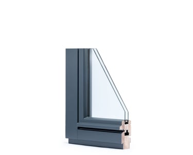 Cross-section of an energy-efficient double-glazed window with a dark grey aluminum frame and wood core.