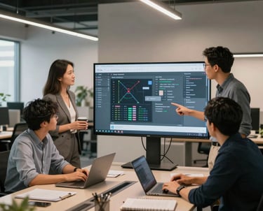 A professional North American startup workspace with entrepreneurs collaborating around a digital display, modern office design, innovative and energetic lighting.