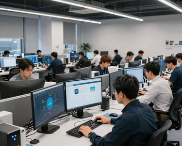 A wide shot of a North American technology innovation lab, sleek design with workstations, focused professionals working on social solution software, blue and grey accents.