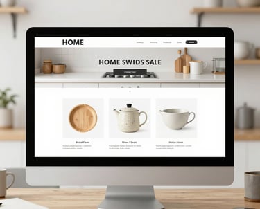 A cozy kitchen scene featuring rustic wooden shelves with neatly arranged artisanal kitchenware bathed in soft natural light.