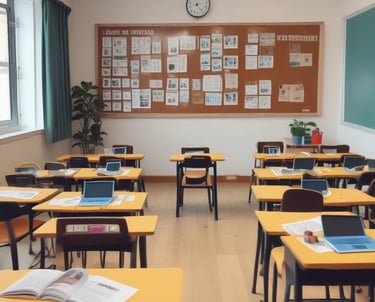 A warm classroom in a rural area of Antioquia with children and a teacher engaging happily in an English lesson.