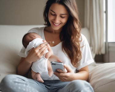 A caring mother chatting on her phone with a virtual advisor about newborn care.