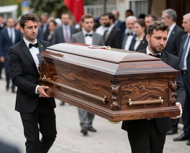 An airport scene showing a dignified transfer of a coffin for international funeral transport.