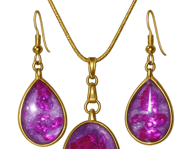 a necklace with a purple marbled pendant and a gold necklace