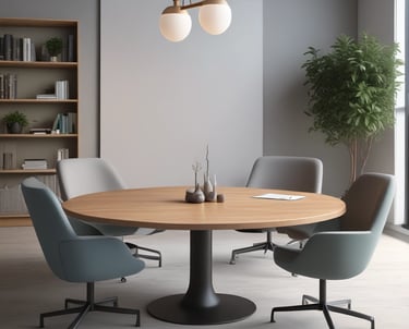 A serene meeting room with a round table and comfortable chairs, symbolizing a peaceful mediation en