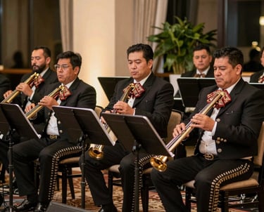 José Fuentes singing passionately on stage with mariachi musicians under warm lighting.