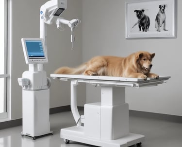 A portable 5kw X-ray machine positioned in a clinical setting with a technician preparing a scan.