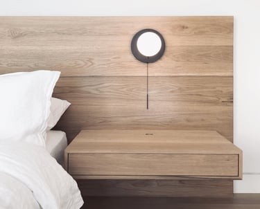 Custom American Oak Headboard Nightstand Floating Drawer Contemporary Luxury Design Natural Materials