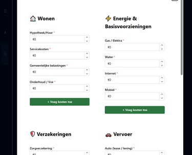 Screenshot of a Dutch budget planner interface for calculating monthly fixed costs like housing, energy, and insurance.