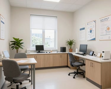 A welcoming healthcare professional smiling while assisting a happy patient in a bright modern clinic.