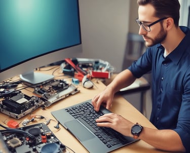 Technician repairing a laptop computer at a customer's home.