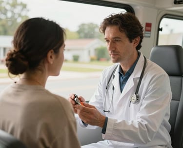 Compassionate photography of a medical professional checking on a patient in a mobile clinic in a North American suburban setting, professional and clean aesthetic, palette of cream and tan.