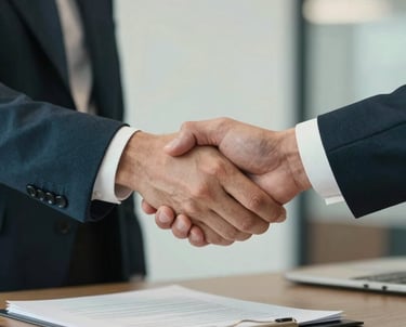 A sophisticated close-up of professional hands shaking over a document in a North American corporate office, signifying integrity and partnership, palette of dark teal and cream.