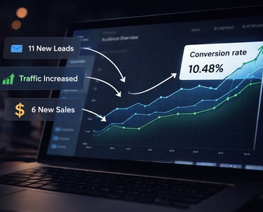 Landing page analytics showing traffic growth, leads, and sales conversion increase