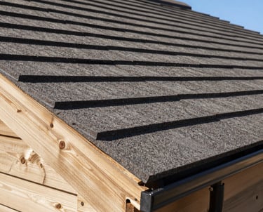 A skilled roofer carefully inspecting a residential roof under bright daylight.