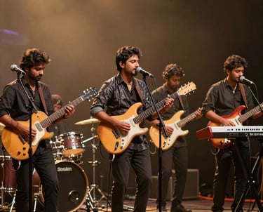 A group of professional South Asian / Indian musicians on a stage with guitars and keyboards, part of a Bollywood band setup, with Muted Gold stage lighting.