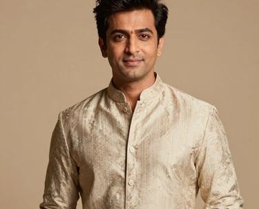 A professional portrait of a lead South Asian / Indian male singer in elegant attire, standing against a Warm Beige background with soft, sophisticated lighting.