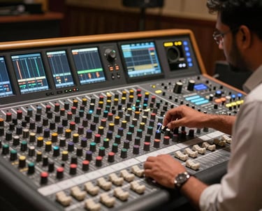 A professional South Asian / Indian male sound engineer at a modern mixing console, working in a dimly lit venue with soft Muted Gold accents on the equipment.