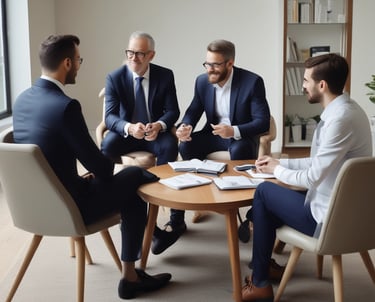 A team of financial advisors discussing reports around a conference table.