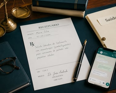 Receituário médico de Dupixent (Dupilumabe) para dermatite atópica ao lado de celular no WhatsApp