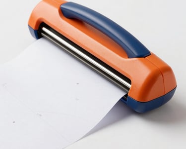 Bright orange and light blue stationery items scattered playfully on a white background