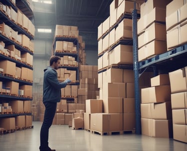 A professional reviewing shipping invoices on a laptop with parcel boxes in the background.