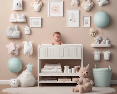 A smiling baby playing with colorful toys in a bright nursery.