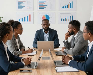 A modern office meeting with professionals discussing financial charts and project plans.