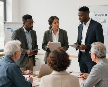 A confident team reviewing complex infrastructure plans in a modern office.