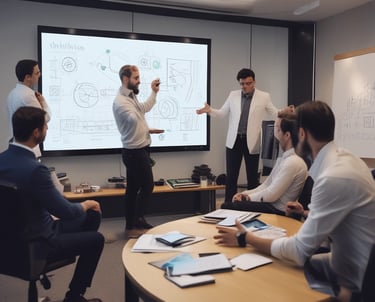 A professional advisor discussing AI strategy with clients in a modern office.