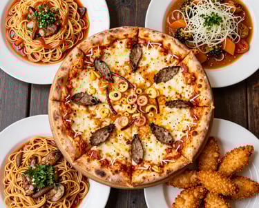 A warm, inviting Italian restaurant interior with a wood-fired pizza oven in the background.