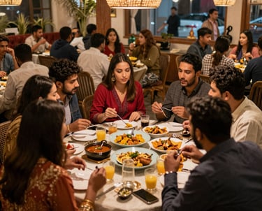 Cozy interior of Zak’s Restaurant with elegant South Asian decor and inviting warm lighting.
