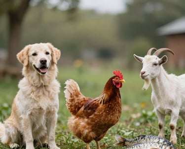 A colorful illustration showing domestic, agriculture, and miscellaneous animals grouped in separate sections.